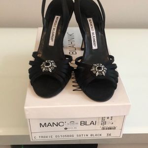 Manolo Blahnik black satin sling backs